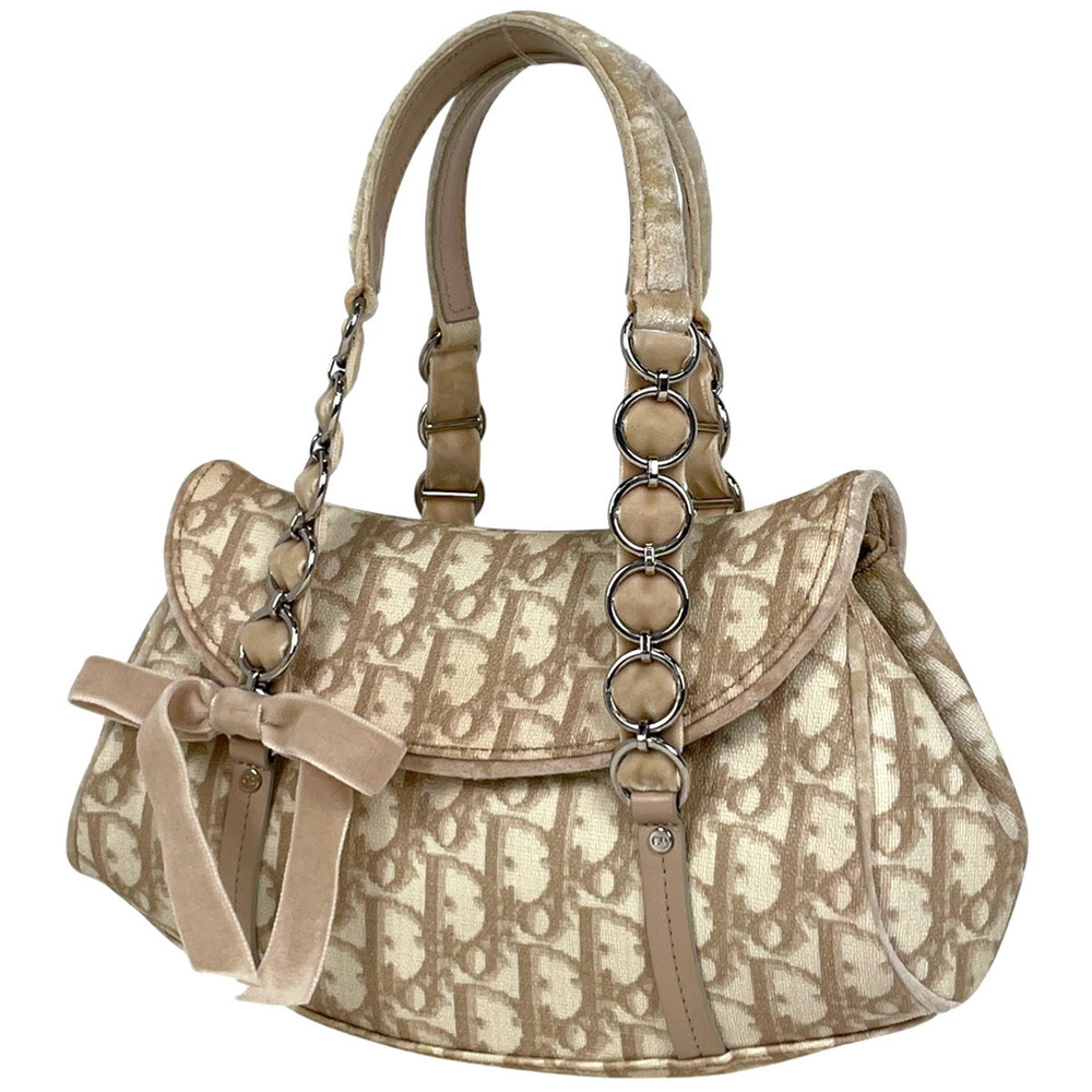 Christian Dior Trotter chain handbag ribbon canvas Beige Cream